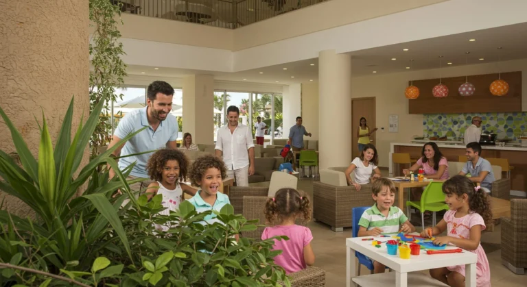 crianca no saguao de um hotel se divertindo