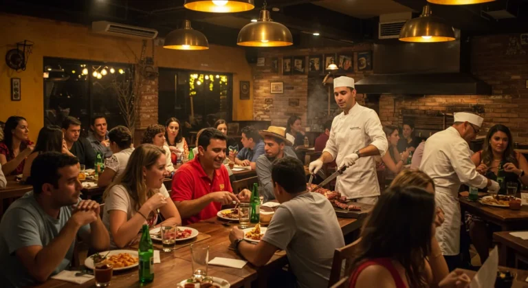 pessoas conversando e rindo em uma churrascaria